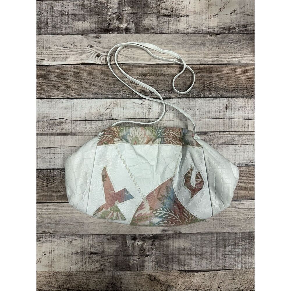 Vintage 80s Saks Fifth Avenue White Leather Tapestry Grandma Shoulder Bag